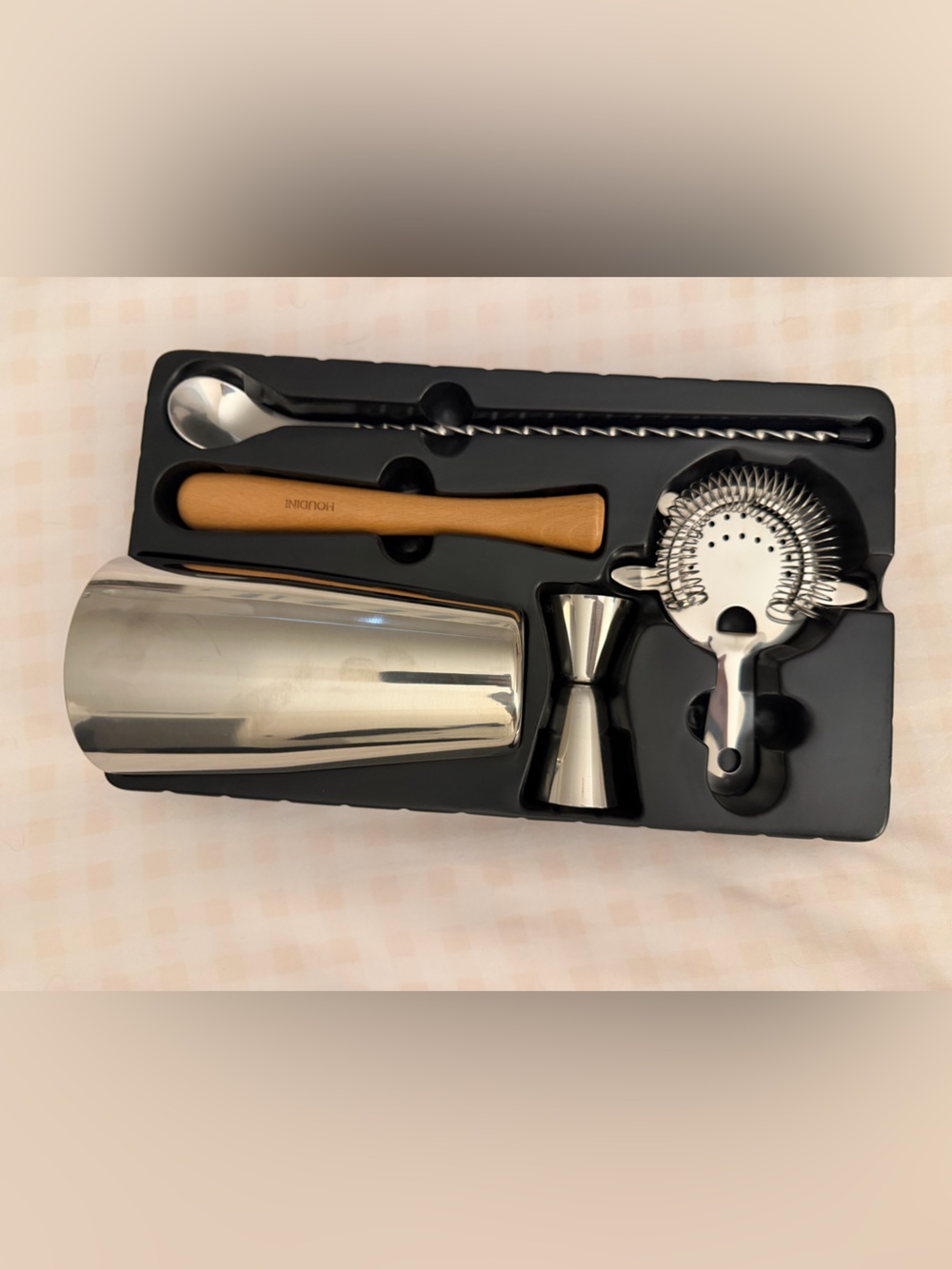 Stainless Steel Cocktail Bar Set with Natural Wood Muddler - Silver